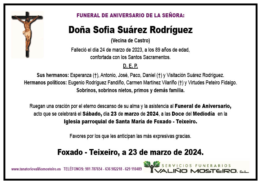 Esquela de Sofia Suárez Rodríguez.